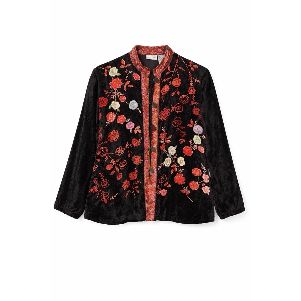 Women's Black Crushed Velvet Velour Embroidered Beaded Floral Boho Shacket Large - Picture 2 of 13